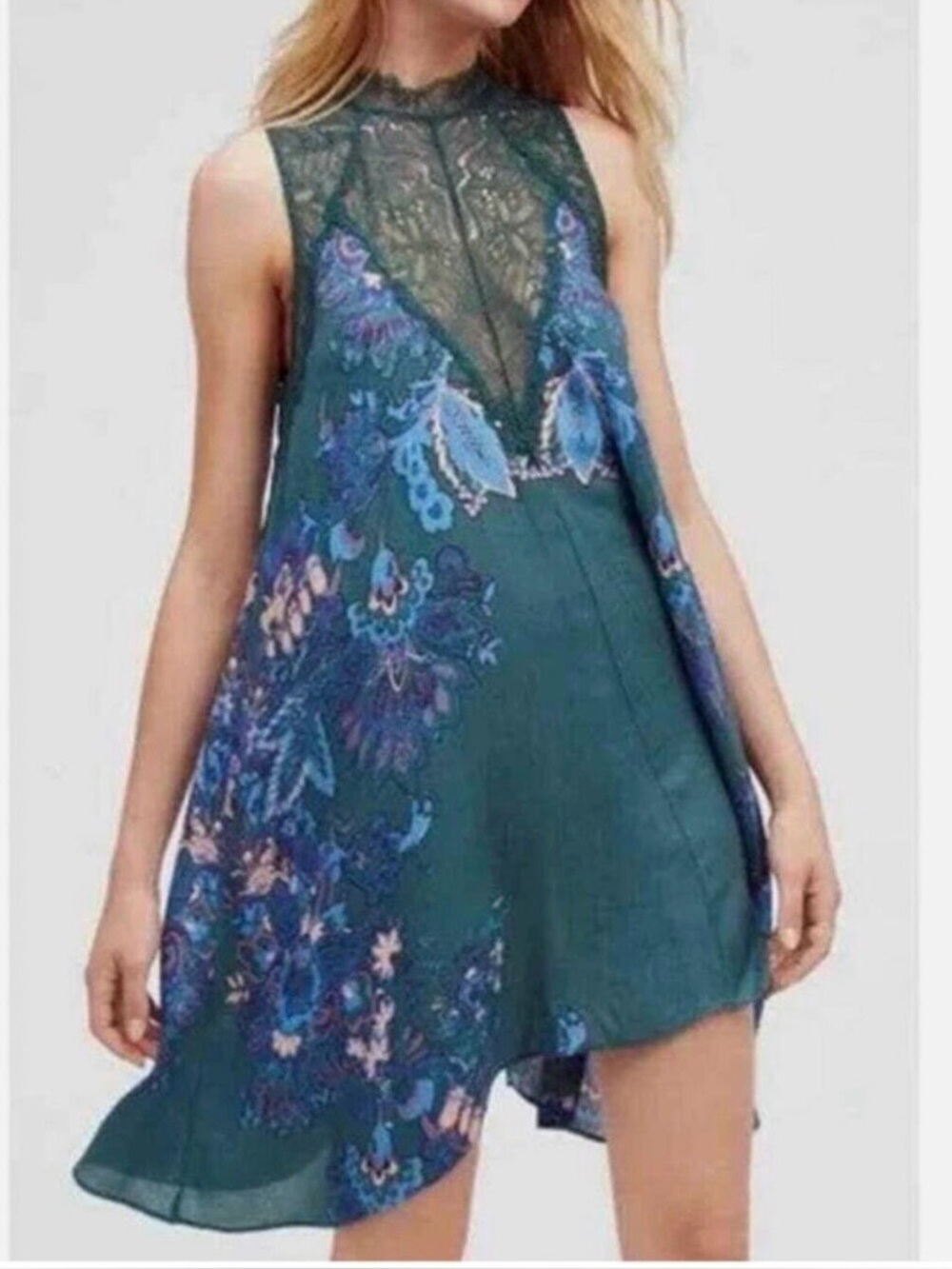 Free People Teal Floral Lace Halter Mini Dress